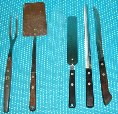 Vtg Wood Handle Flint Kitchen Utensil Lot Fork Knife Icing Spatula Vanadium