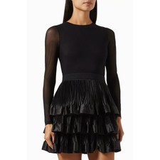 Alice + Olivia Chara Tiered Ruffle Mini Dress Womens 4 Mesh Stretch Nylon Black
