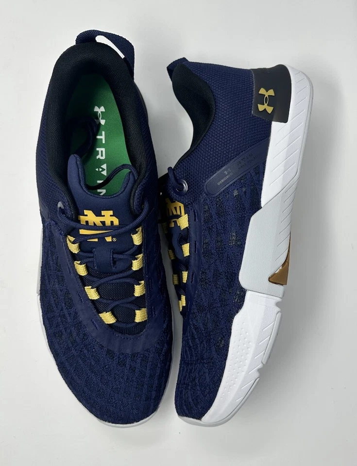 Under Armour Notre Dame Training Shoes Sneakers Athletic Navy Gold Men's Size 14 - Image 3 of 4