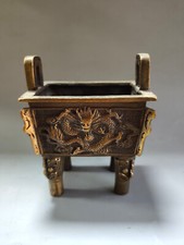 Collectible Chinse old copper hand-carven square dragon exquisite incense burner