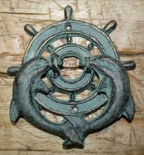 Cast Iron Antique Style Nautical SHIPSWHEEL DOLPHIN Door Knocker Green Finish 