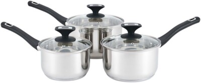 Premium Qualität 3er Set Edelstahl Soßenpfanne Induktionsboden Glasdeckel