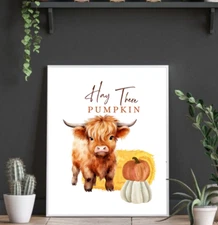 Highland Cow Neutral Fall Hey Pumpkin Farmhouse Digital Wall Art Printable Decor