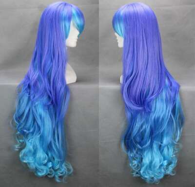 Long Curly Teal Blue Purple Two Tone Cosplay Ombre Wig Halloween Anime Costume 