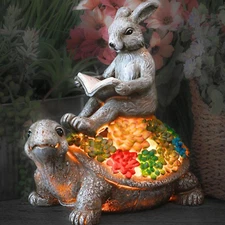 Rabbit Turtle Garden Statues with Solar Light for Garden Decor,Resin Outdoor Sta