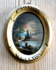 Piccolo dipinto olio paesaggio italiano metà XX secolo in cornice dorata. Firmato.