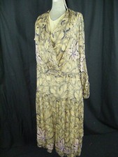 Antique 1920s Beige/Blue Maple Leaf Chiffon Pink Glass Beaded Dress-Bust 35.5/S