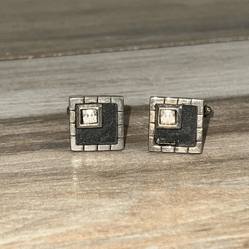 Vintage Retro Inlay Cufflinks Men’s Silver Tone  Black Old Money Heritage