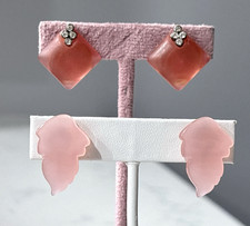 Vintage Clip On Earrings Frosted Lucite Rhinestone Thermoset Pink MCM Lot of 2