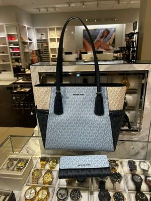 Michael Kors Voyager Women Large MK Logo Tote Bag +Trifold Wallet Set Pale Ocean