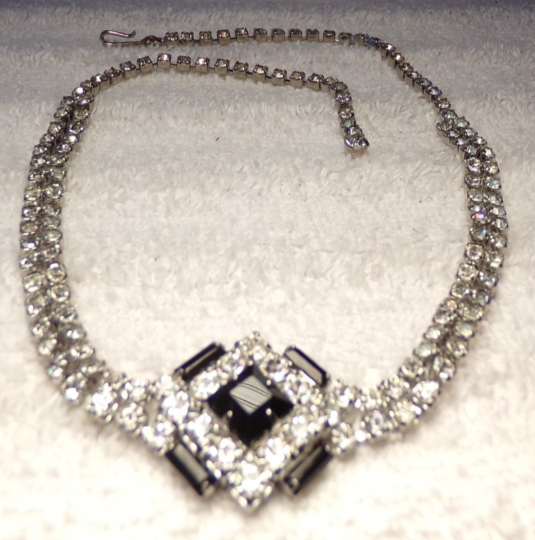 VTG 1940'S SILVER TONE CLEAR BLACK CRYSTAL RHINESTONE ADJUST CHOKER ...