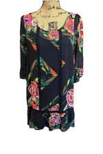 Anthropologie Y2K MOULINETTE SOEURS Silk Floral Black Slip Dress 3/4 Sleeve Med