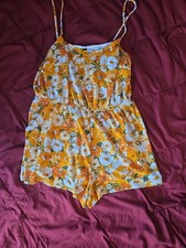 Lightweight Orange and White Floral Romper With Spaghetti Straps L