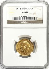 1918 I GOLD INDIA I SOVEREIGN KING GEORGE V COIN NGC MINT STATE 63