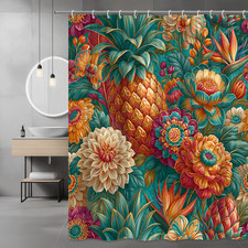 Tropical Floral Pineapple Shower Curtain, Teal Orange Flower Print