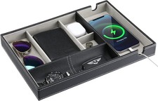 1 Layer Valet Tray for Men PU Leather Nightstand Organizer with Charging Slot