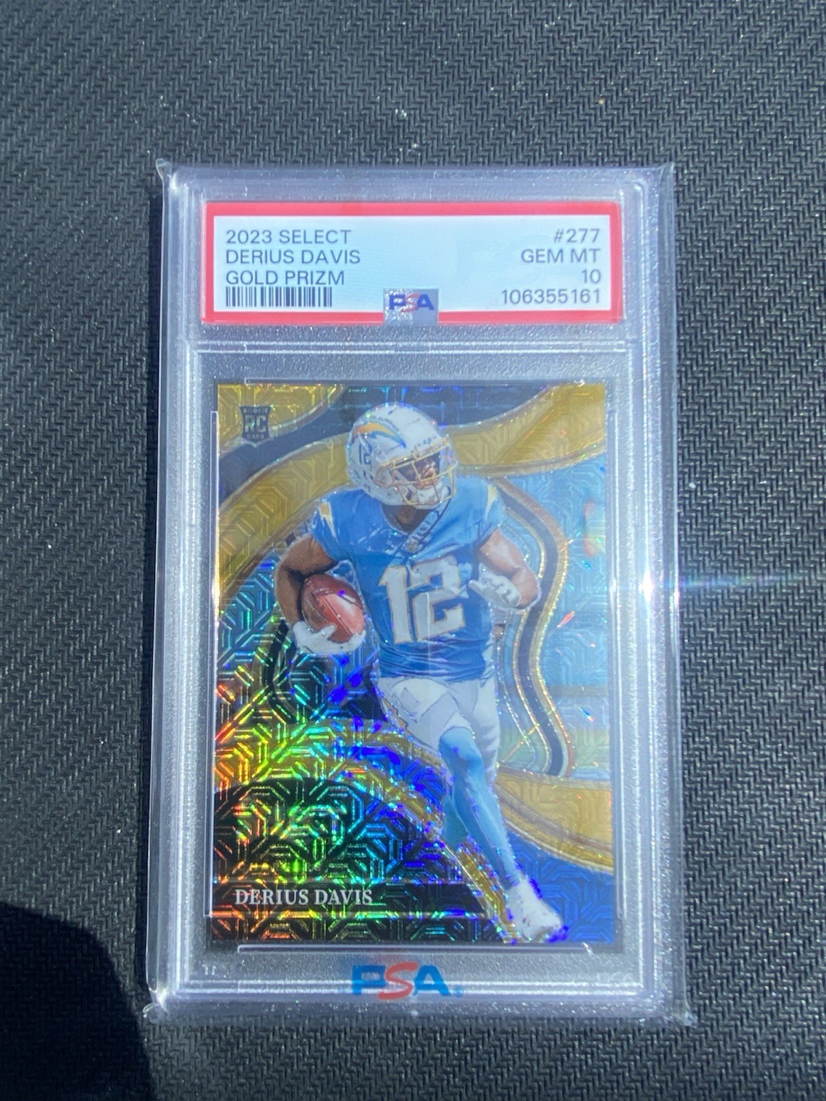 Derius Davis 2023 Select #277 Club Level Gold Prizm 5/10 RC PSA 10 Chargers