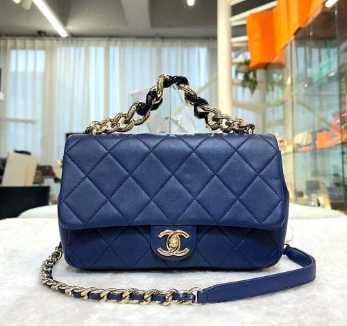 CHANEL Bold Top Handle Flap Bag Navy with Gold Hardware 29th Series 148576586