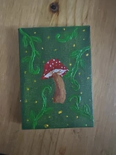 Forest Talisman Original Acrylic Expressionism Painting Mushroom Art 2.5”x3.5”