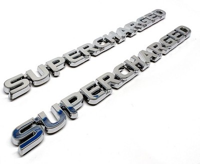 2 Chrome Supercharged Badge Emblems, 148mm x 11mm
