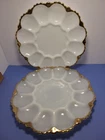 2 Vintage Anchor Hocking Milk Glass Deviled Egg Plate with Gold Trim Ornate 10"