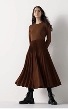 UNIQLO Combination Dress Fit & Flare Pleated Satin Brown Size M