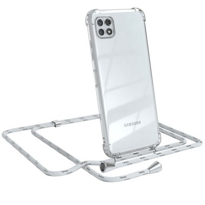 Für Samsung Galaxy A22 5G Handyhülle Umhängen Kordel Tasche Kette Weiß / Silber