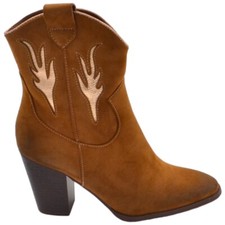 Tronchetto donna camperos con tacco in legno cono 7cm a punta in camoscio cuoio 