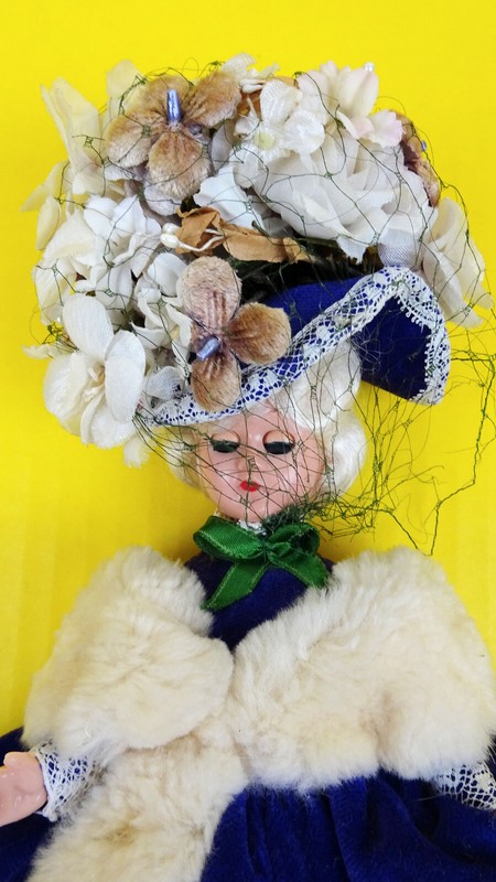 Vintage 1965 Girl Doll Hard Plastic White Hair Blue Eyes 10" Purple Coat Hat VTG