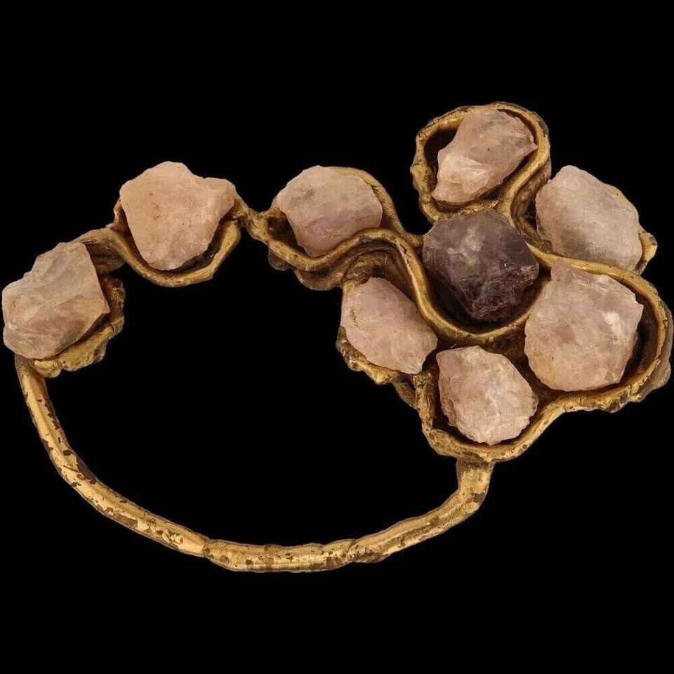 XXL Brass Brutalist Handmade Flower Floral Amethyst Bolo ? 70s Vtg Belt Buckle - Imagem 3 de 4