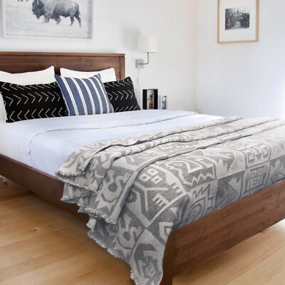 Handwoven Soft & Warm Heavy Thick Llama Wool Blanket - Ivory/Gray XL 94x79 in
