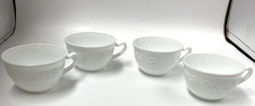 Vintage Vitrock White Milk Glass Teacups Floral Rose Embossed set of 4