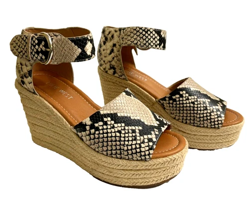 Nine West Espadrille Wedge Heel Sandals Size 6 Snakeskin Buckle Ankle Strap NWOB