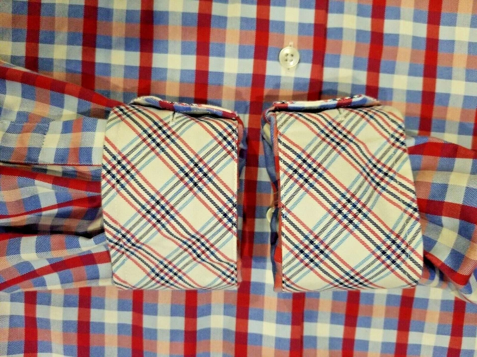 Egara Hombres Botón Delantero Puño Abatible Manga Larga Cuadros Rojo Blanco Azul Grande Delgado Foto 2 de 4