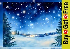 Enchanting Snowy Starry Night , Watercolor Painting Print 5"x7" on Matte Paper