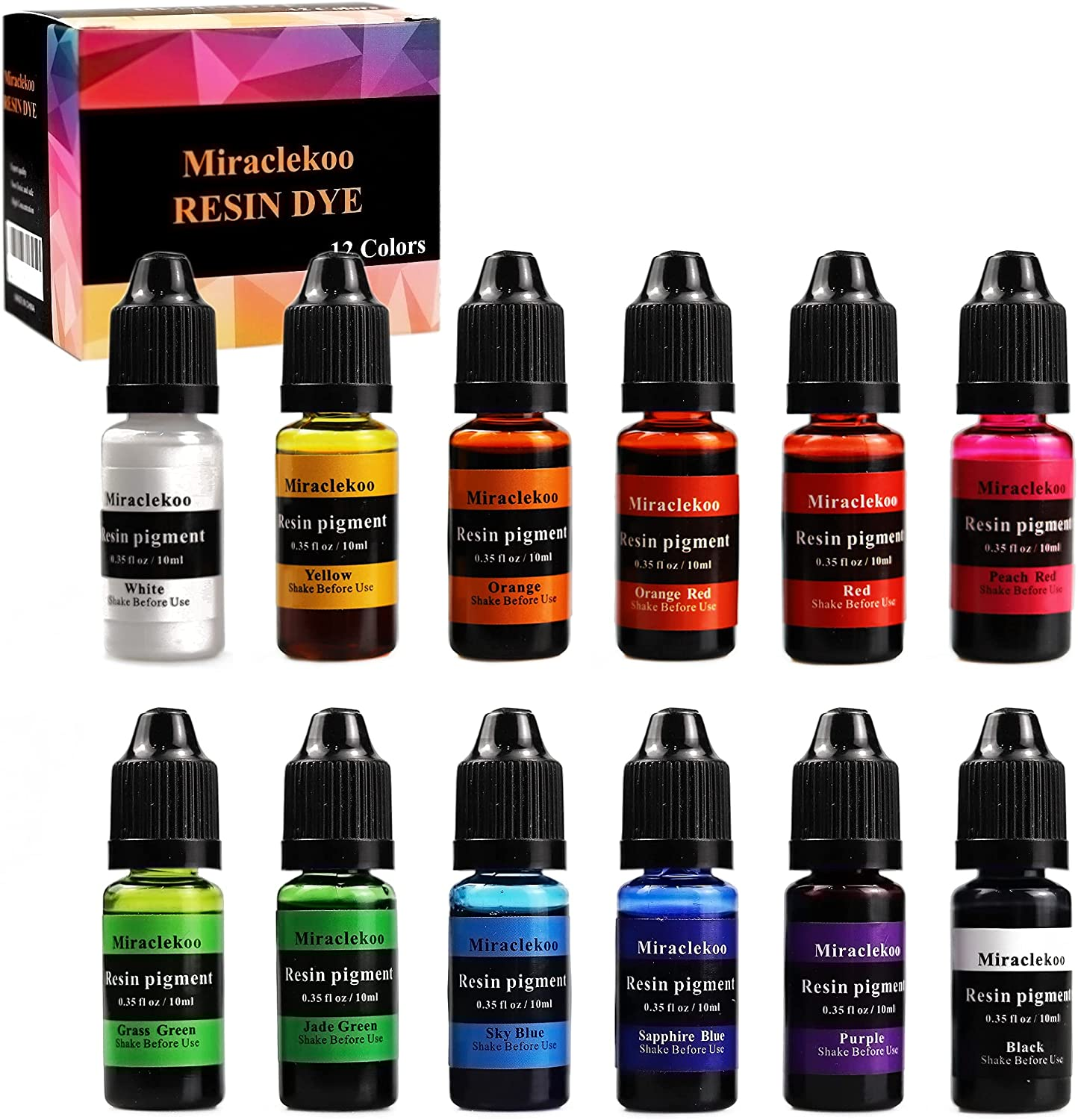 12 vibrant epoxy resin color dyes, 10ml each, perfect for crafts and art