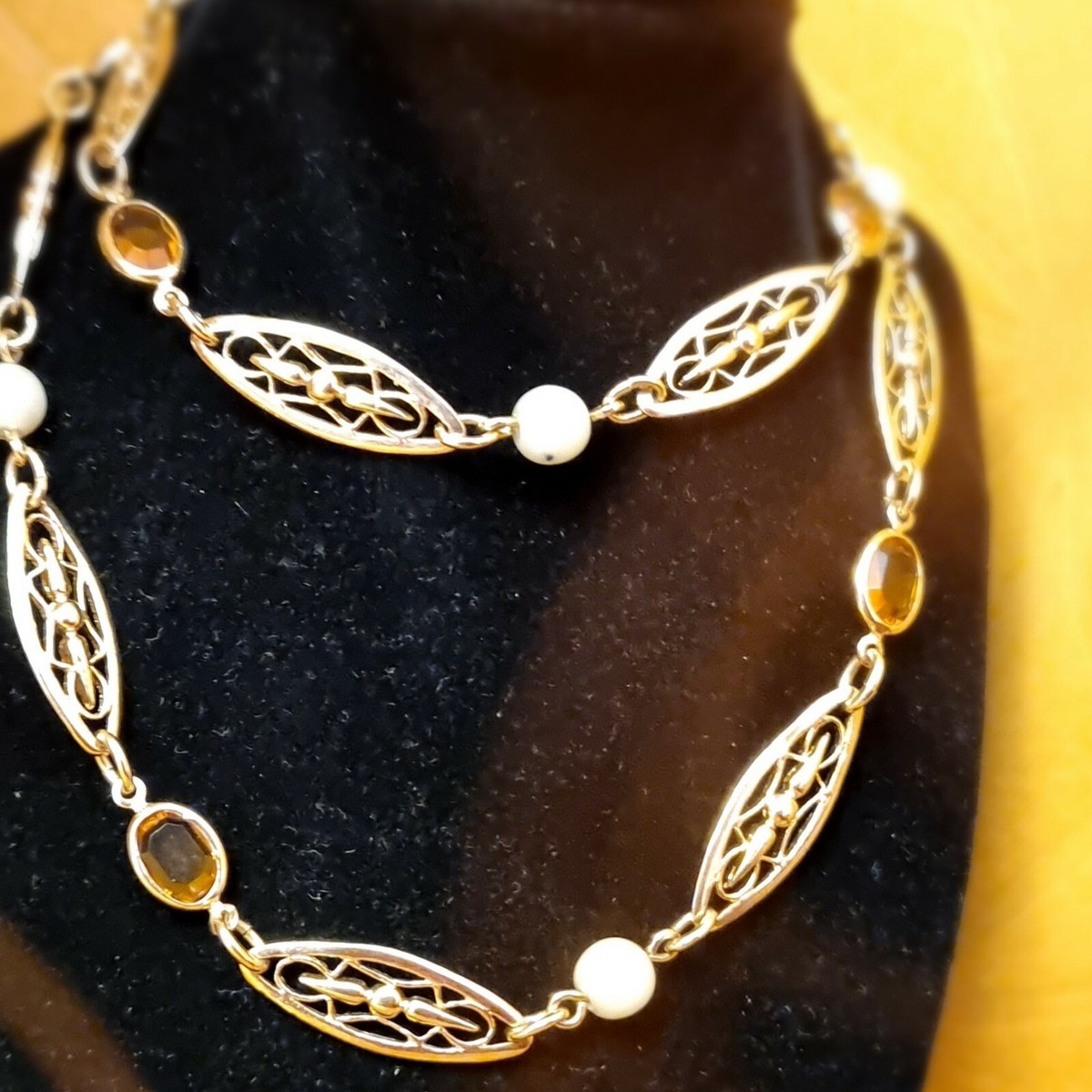 Collier Romantique Plaqué Or Avec Perles Et Cristal Ambré - 49,5 Cm