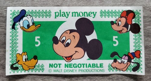 Vintage 1980's Walt Disney Mickey Mouse Play Money $5 Bill Children's Toy