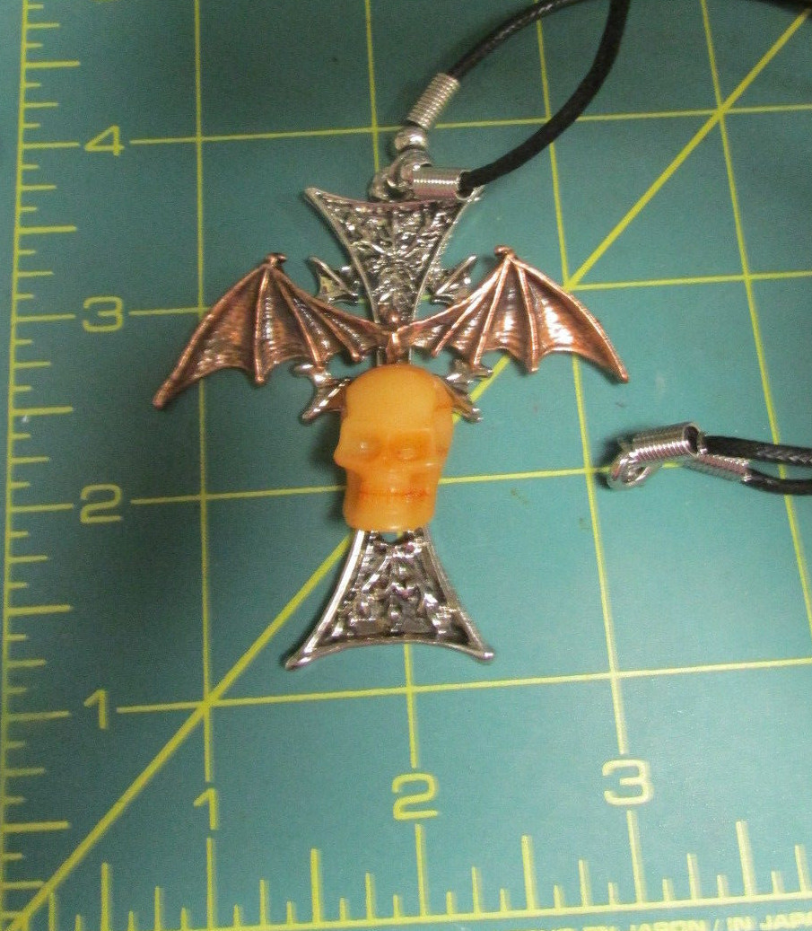New Cross with Skull Necklace - Bat makes the shape of cross with