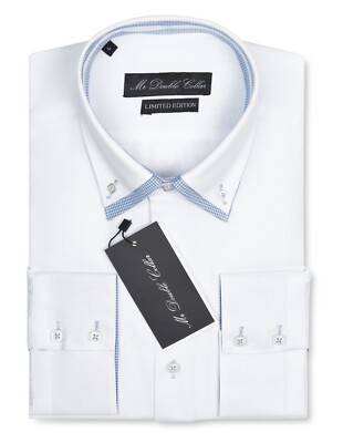 HERREN FORMELLES HEMD ELEGANT WEISS MIT BLAU KARIERTEN DOPPELKRAGEN LANGARM