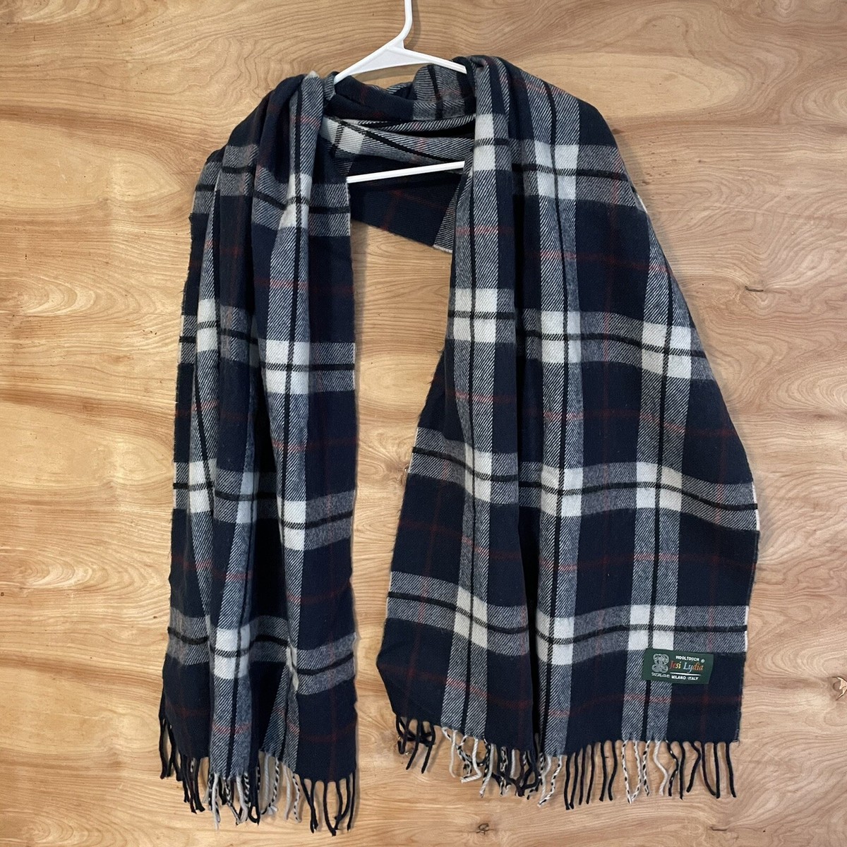 24x74” wooltouch jesi lydia scarf wool blue plaid fringed milano