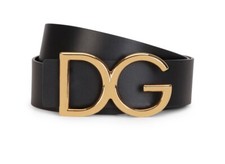 NWT DOLCE & GABBANA Men's Logo Leather Belt, size 36-90 cm, Black/Gold