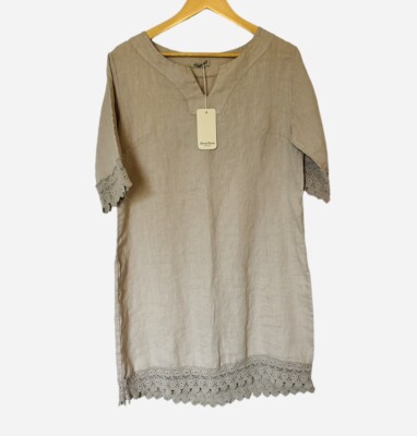 NWT Alessia Pacini Linen Mini Shift Tunic Dress Sand Italy Medium