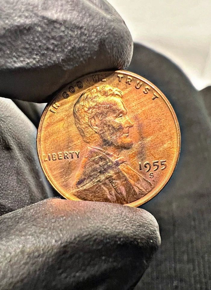 Centavo de trigo 1955-S - Tonificación monstruosa "Phoenix Flame", impecable BU con troquel Foto 3 de 4