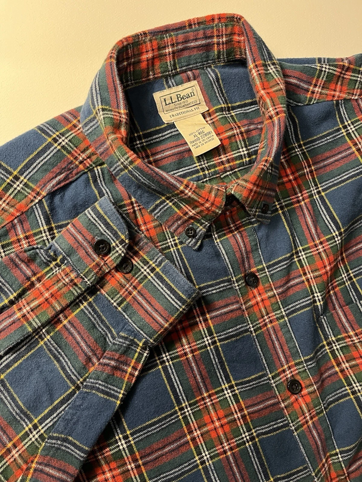 LL Bean Mens XL Reg Shirt Plaid Flannel Red Blue Green Button Long Sleeve Cotton