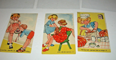 Vintage Spanish Postcards Set Of 3 Illustrated by  aria Claret  Baking Playing