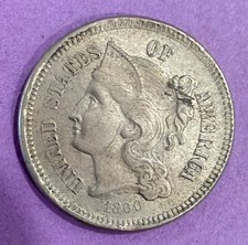 1866 Three-Cent Nickel 3C, AU - About/Almost Uncirculated