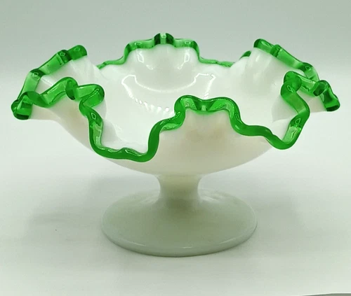 Vintage Fenton Emerald Crest Footed Ruffle Edge Milk Glass Compote Candy Dish