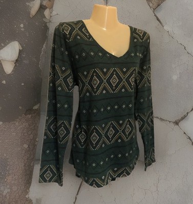 Sonoma Everyday Tee Long Sleeve T-Shirt Sz XL Dark Green Tribal Print V-Neck Top