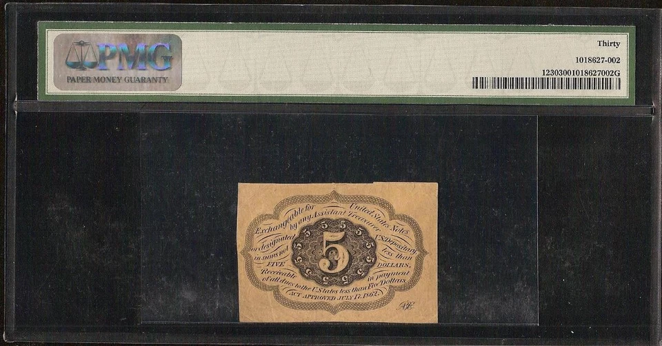5 CENT FRACTIONAL CURRENCY INKING ERROR CIVIL WAR NOTE MONEY Fr 1230 PMG 30 - Image 2 of 2